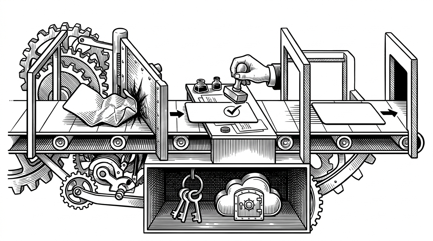 A close-up conveyor shows three command cards moving through a policy engine. A destructive command hits a hard stop, a publish command pauses at a human stamp desk, and a harmless status command passes through a green lane. Beneath the conveyor, a separate barrier keeps credential vaults outside the agent’s reach, showing that command policy and filesystem policy are different layers.