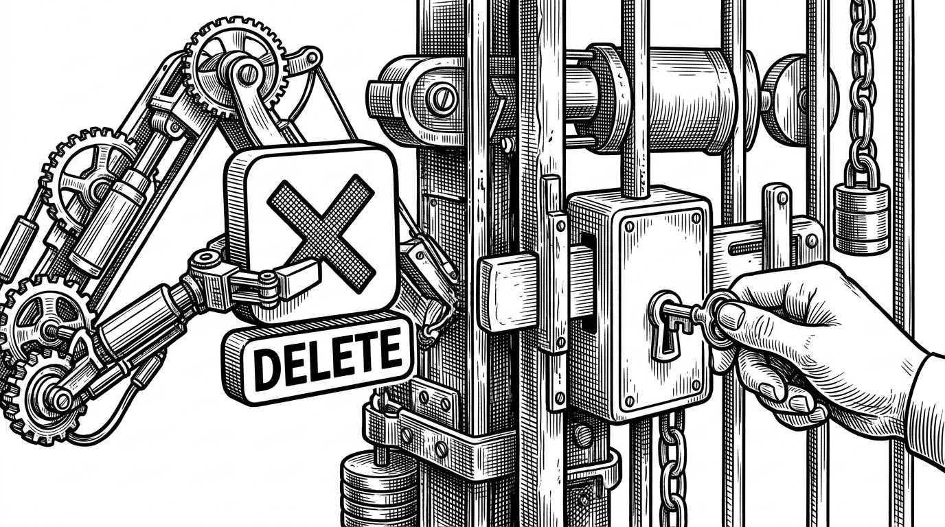A close-up of a "Human-in-the-Loop" gate. A mechanical arm (the Agent) is holding a "Delete" command, but the gate only opens when a physical human key is turned in a separate lock.
