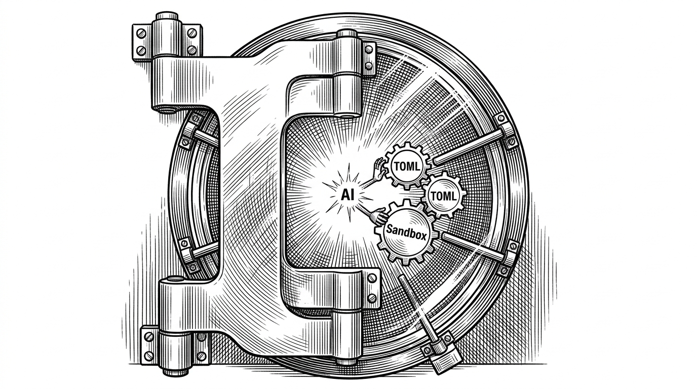 A massive, ornate vault door made of translucent glass. Inside, a small glowing spark (the AI) is trying to reach out, but its "hands" are stopped by physical gears labeled "TOML" and "Sandbox."