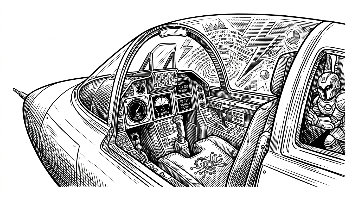 A cross-section of a retro-futuristic jet cockpit with digital dials showing context percentage and token burn.