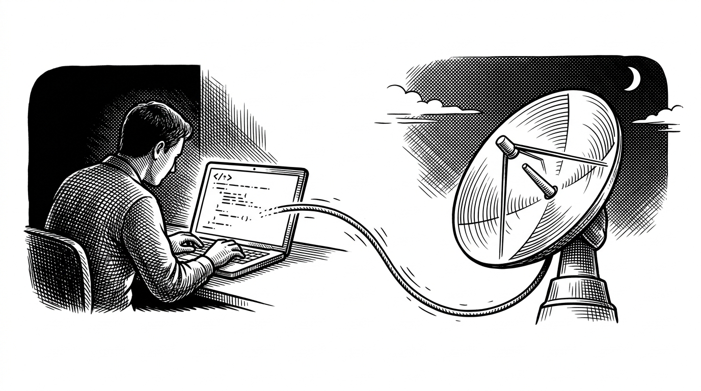 A split scene showing a developer at a laptop connected by a wire to a spinning radar dish.