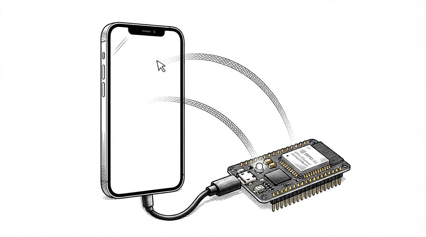An editorial illustration of a thumb-sized ESP32-S3 board plugged by a short cable into the bottom of a large upright iPhone. A thin crosshatched beam arcs from the phone screen down into a small lens on the board, and a second line arcs back up to the screen as a tiny cursor arrow touching the glass. It shows the complete loop: the phone's screen flows out to the board as vision, and clicks flow back in as input, with the size contrast making the low cost physical.