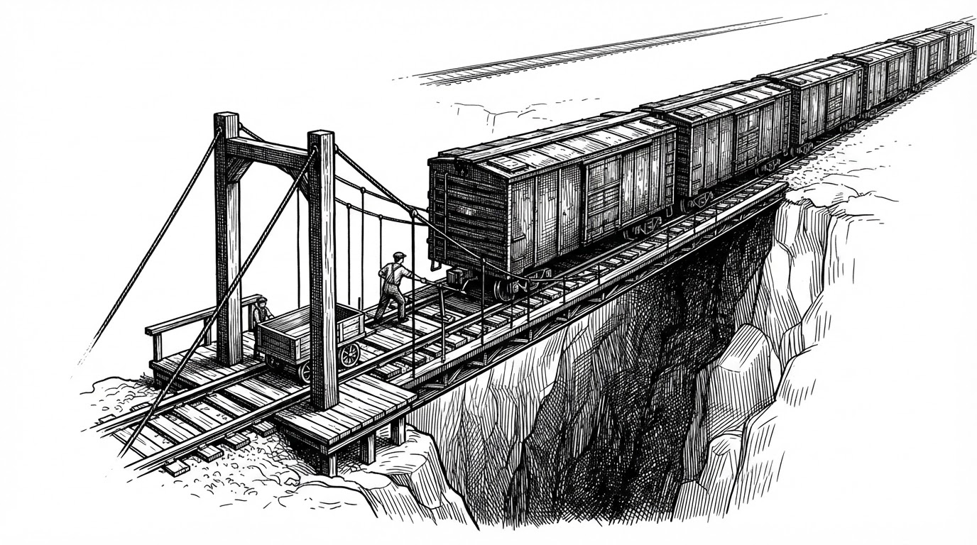 An editorial close-up illustration of a narrow single-lane suspension bridge in dense crosshatching, with a long freight train of identical boxcars crawling across it. Beside the bridge on a small platform waits a single bright handcart. A tiny switch operator at the bridge's edge holds one boxcar back so the handcart can slip onto the track ahead of it. It renders credit-based BLE pacing as a physical queue-jumping problem: the freight train is the video stream, the handcart is the command reply, and the operator is the firmware capping video in flight so the reply never waits.