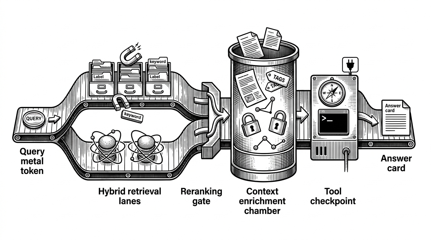 A close-up mechanical assembly line where a single query enters from the left, splits through keyword search and vector search, passes through a reranking gate, then gains added layers of snippets, metadata, permissions, and graph links before reaching a tool checkpoint. It explains how Onyx builds context in stages instead of relying on one retrieval step.