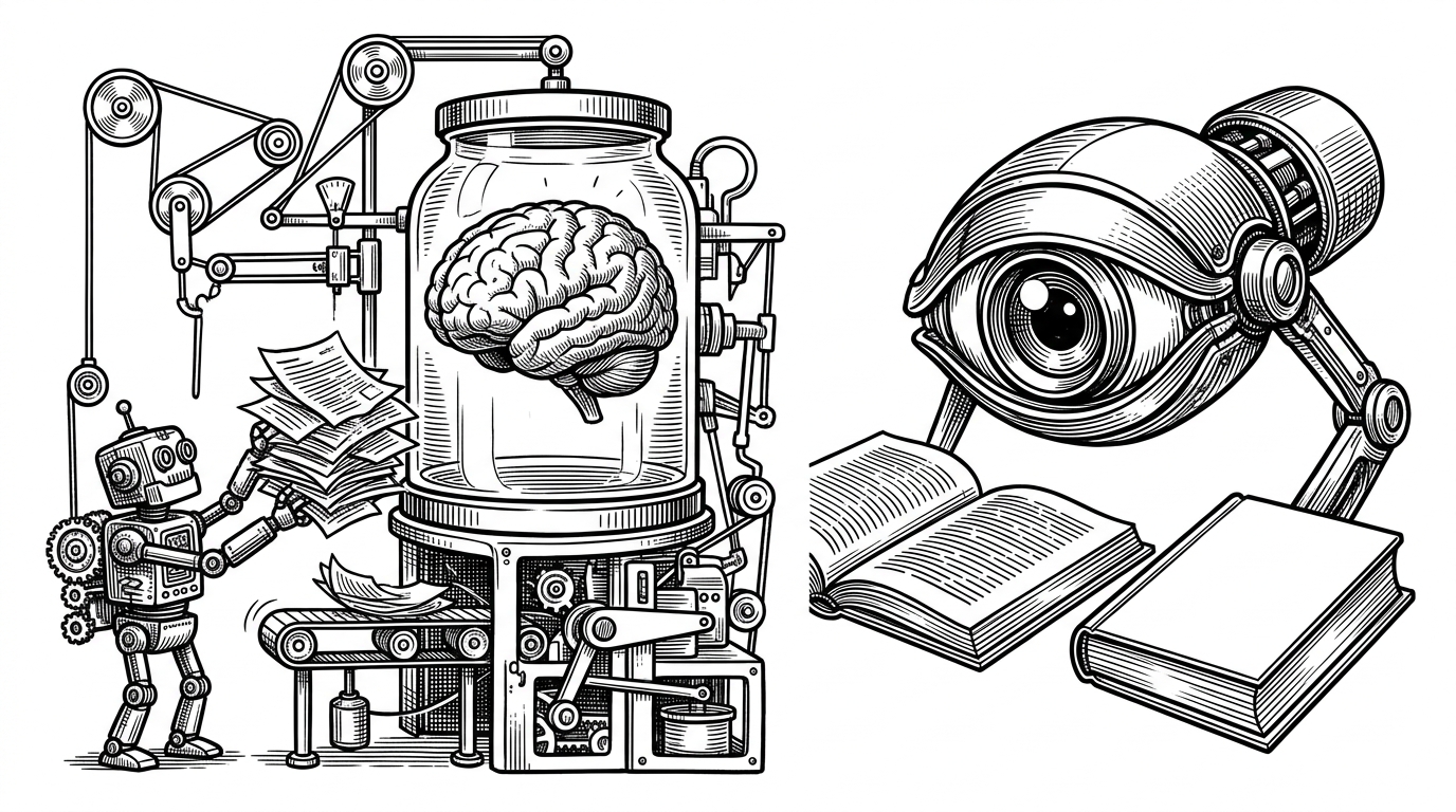 Split screen showing a messy Rube Goldberg machine for OCR correction versus a single sleek mechanical eye outputting a perfect book.