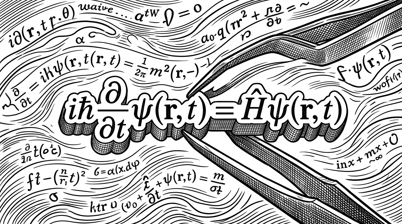A complex LaTeX equation being held safely by digital tweezers while surrounding text flows like water.