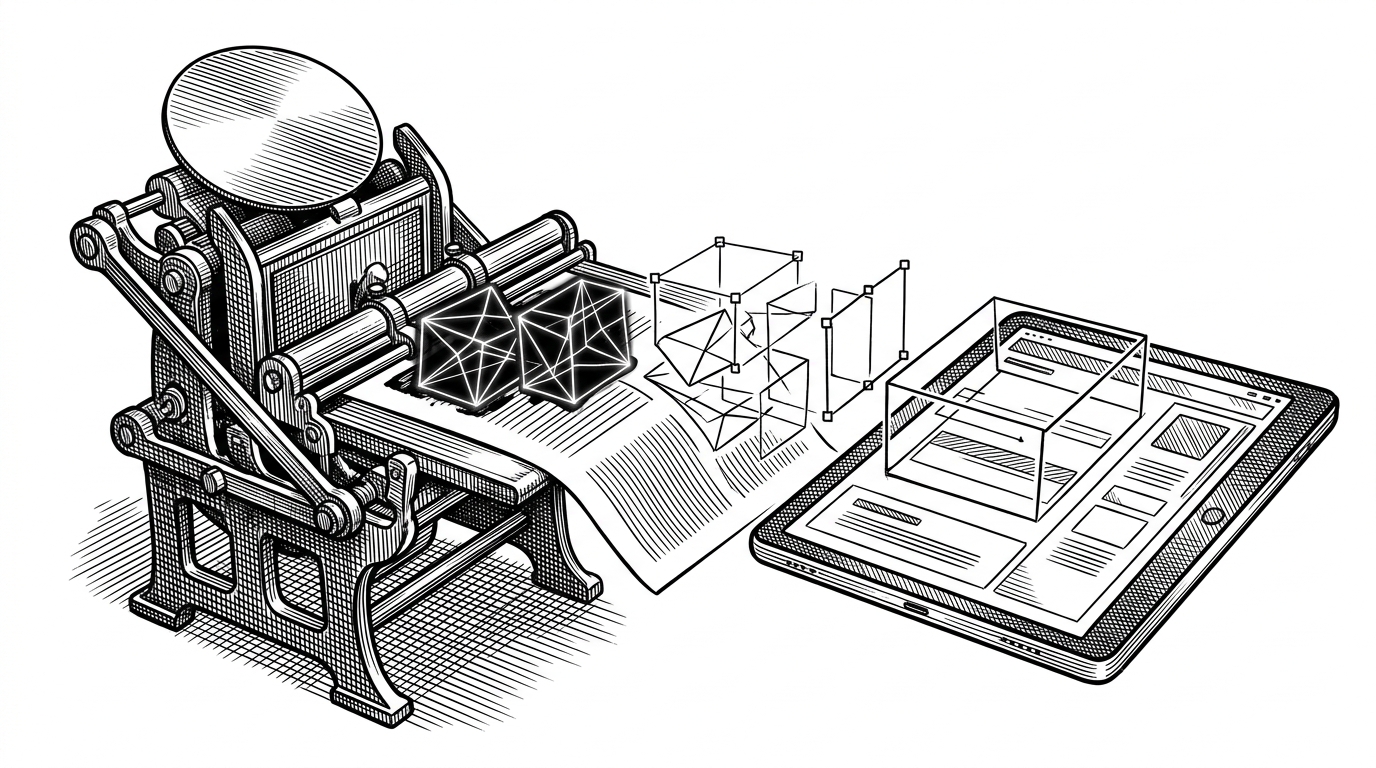 A vintage printing press stamping glowing geometric wireframes onto a clean digital tablet.
