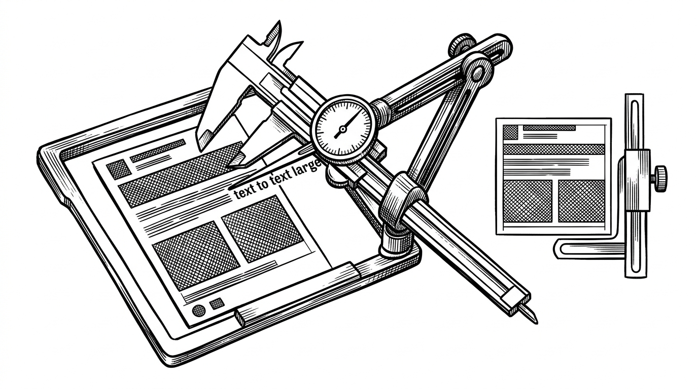 A rendered social card is held inside a measuring frame while mechanical arms check text overflow, spacing, and image boundaries. One arm flags a title that is too large, while a corrected version sits beside it, showing validation as a physical inspection step.