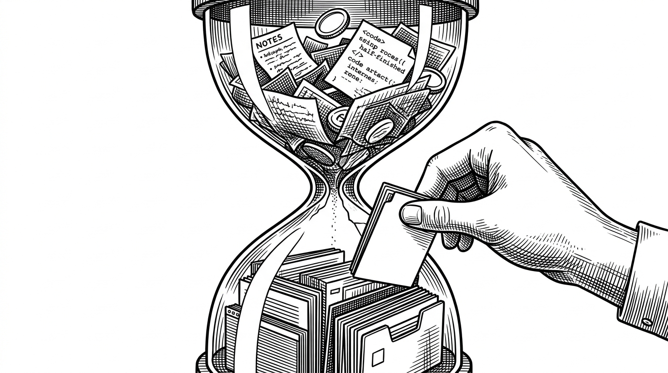 A cracked hourglass is formed from stacked context windows. The top chamber is crowded with notes, half-finished code, and drifting fragments, while the bottom chamber is clean and labeled fresh context. A hand pulls one artifact out of the old chamber and places it into the new one, showing how the system preserves useful output while resetting the working context.