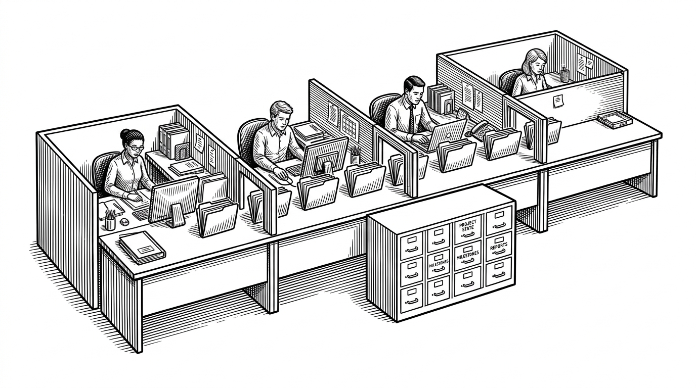 A wide desk scene shows four workstations arranged in sequence, each one marked by a different phase of a workflow. Paper folders move through narrow gates while a separate filing cabinet stores project memory outside the workers' heads. The image explains how the system turns AI coding into a governed pipeline instead of a drifting chat session.