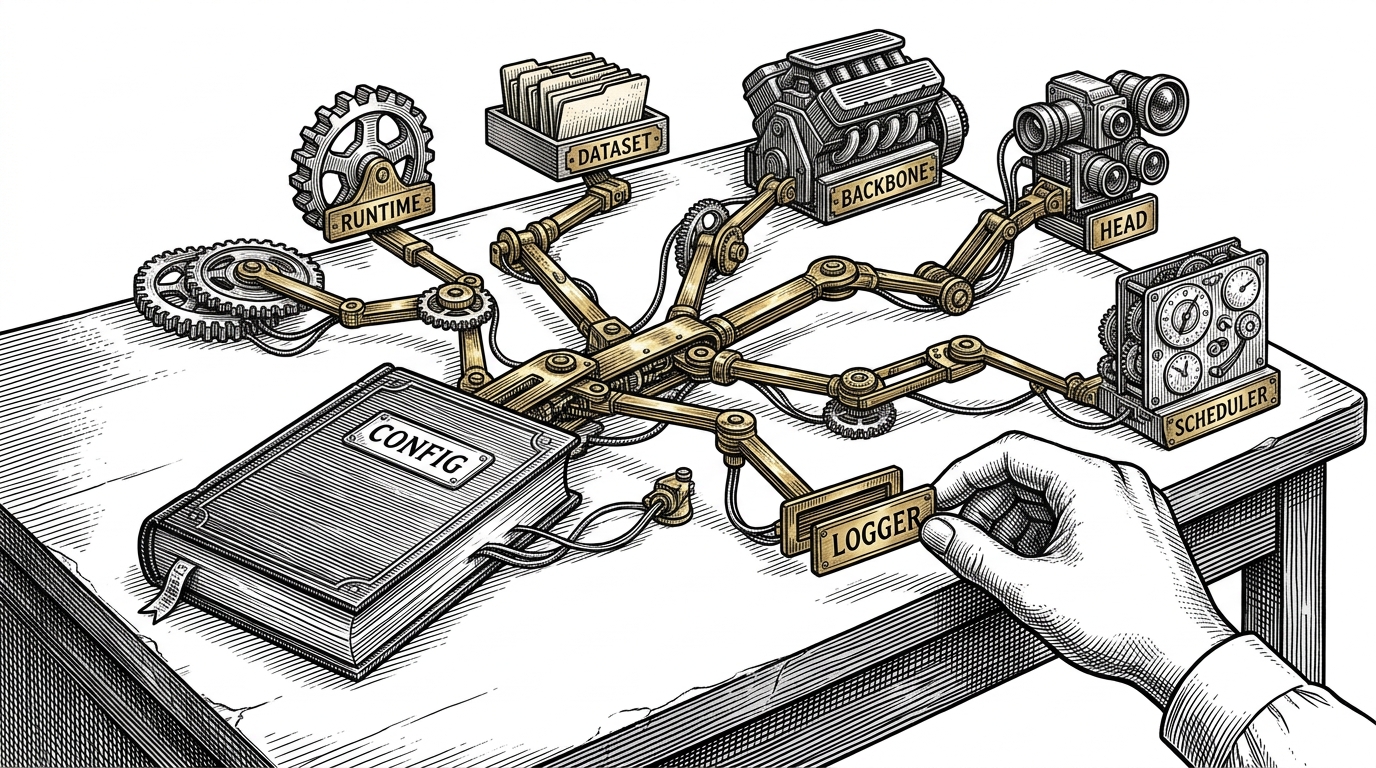 A wide editorial scene of a mechanical configuration tree spread across a white table, with a central ledger branching into runtime, dataset, backbone, head, and scheduler modules. A hand swaps a small brass logger plate without disturbing the rest of the machine, explaining how MMAction2 separates orchestration from model code.