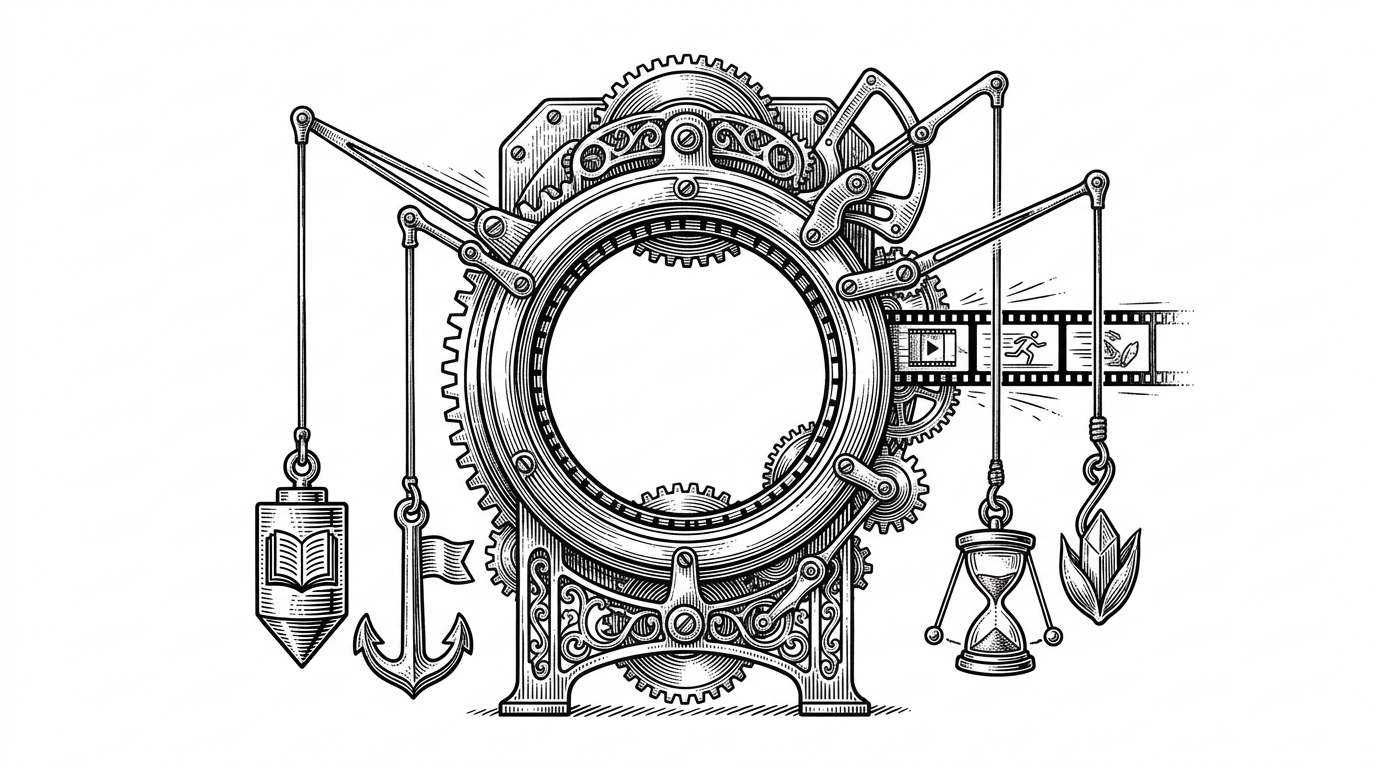 A close-up mechanical console with a circular training loop at the center and four weighted hooks hanging from it for logger, checkpoint, timer, and sampler seed. A single video strip moves through the loop while each hook fires in sequence, showing how MMAction2 treats training as an event system.