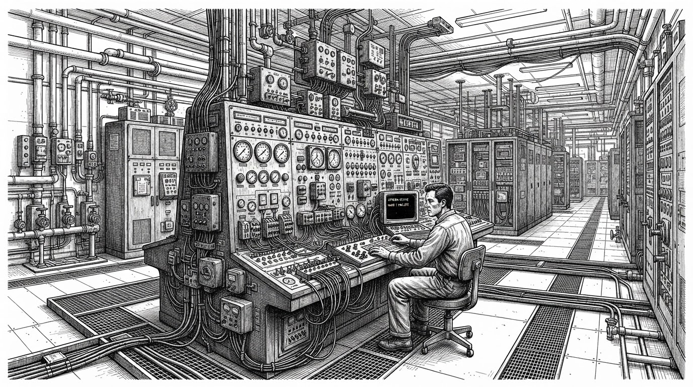 A wide control room packed with gauges, relay boxes, and branching telemetry pipes feeding into one central console. The scene explains that the collector is not just ingesting data, but coordinating many collectors and reshaping traffic through remote supervision.