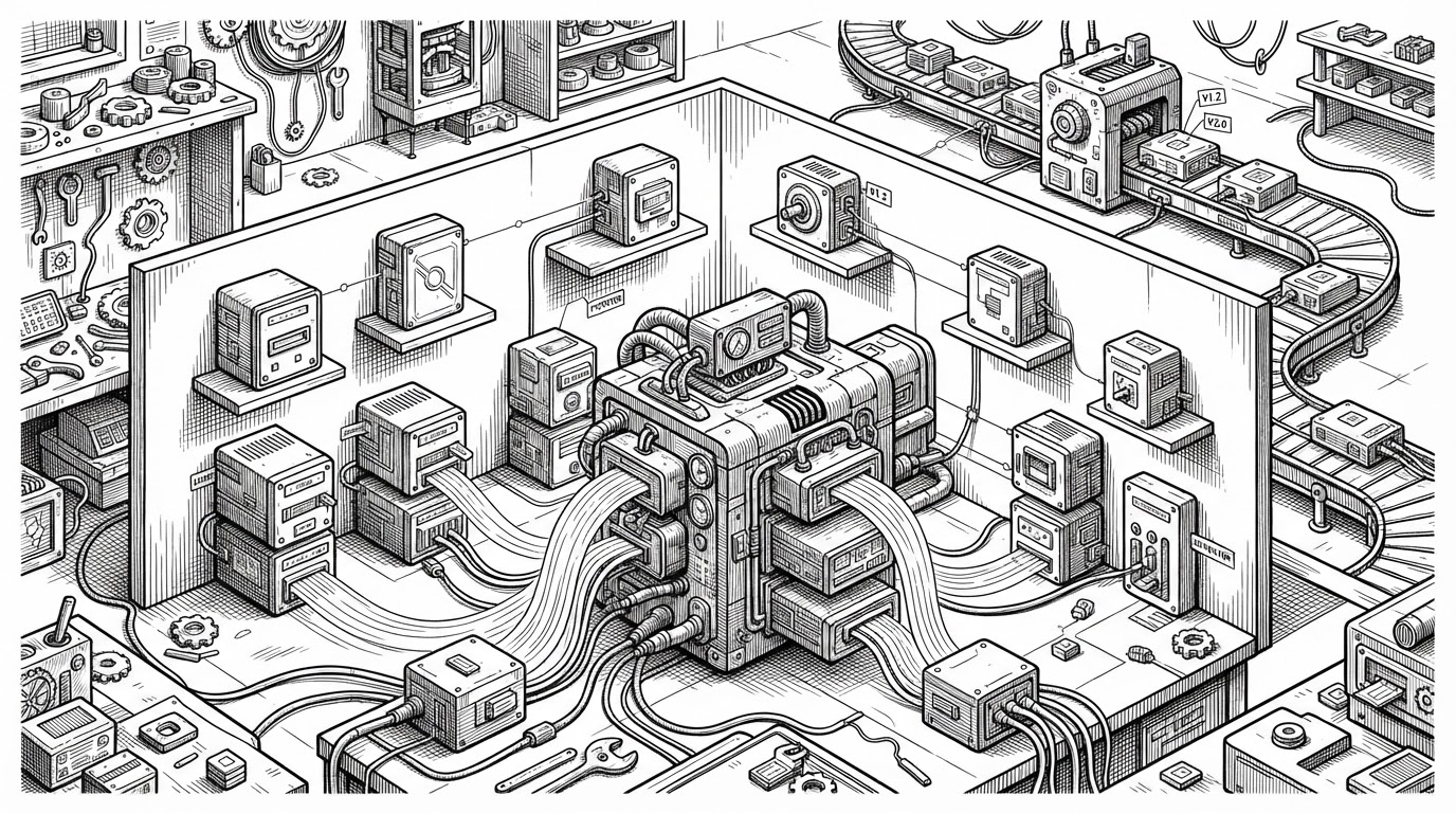 A workshop where many small modular drawers surround one central collector chassis. Some drawers are labeled as receivers, processors, exporters, connectors, and extensions, while a compact build machine stamps version tags onto each module before assembly. The image explains how the repository balances modularity with strict build coordination.