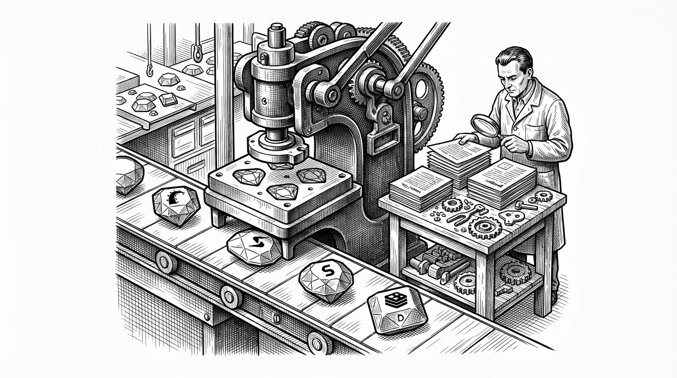 A close editorial scene shows a template press stamping identical gem skeletons from a set of molds. Labeled rails, sidekiq, and redis shells emerge from the machine while a small supervisor hand checks version files, gemspecs, and base classes. The image explains why the generator matters: one pattern keeps many independent gems coherent.