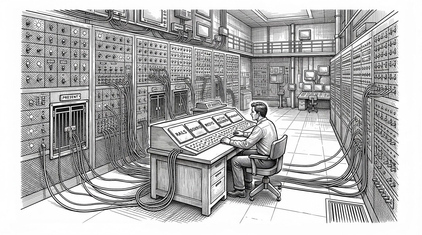 A wide black-ink editorial scene shows a central control desk connected to many small instrumentation tiles. Some tiles glow active, some sit dark behind compatibility gates, and labels for Rails, Sidekiq, Redis, ActiveRecord, and Faraday orbit the system. The scene explains how one repo coordinates many Ruby instrumentations without forcing every dependency to be present.