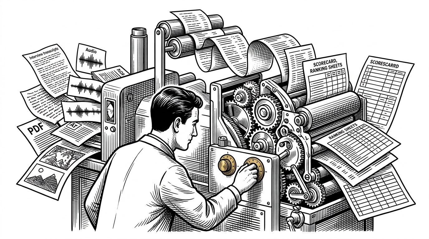 A black-ink editorial scene of a research lab that turns tangled qualitative material into neat scorecards. Paper notes, transcripts, and media files enter one side of a machine and emerge as tidy ratings and tables, showing that GABRIEL treats model calls as a measurement pipeline.