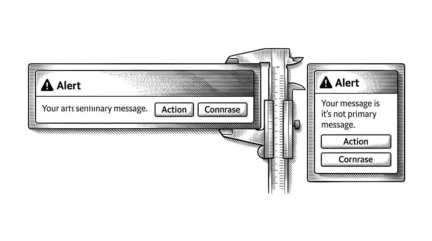 A medium editorial scene shows one alert component in two states side by side. In the first, action buttons sit to the right of the message, and in the second the same actions stack below as the container narrows. The image explains how the library uses container-aware behavior to prevent cramped layouts.