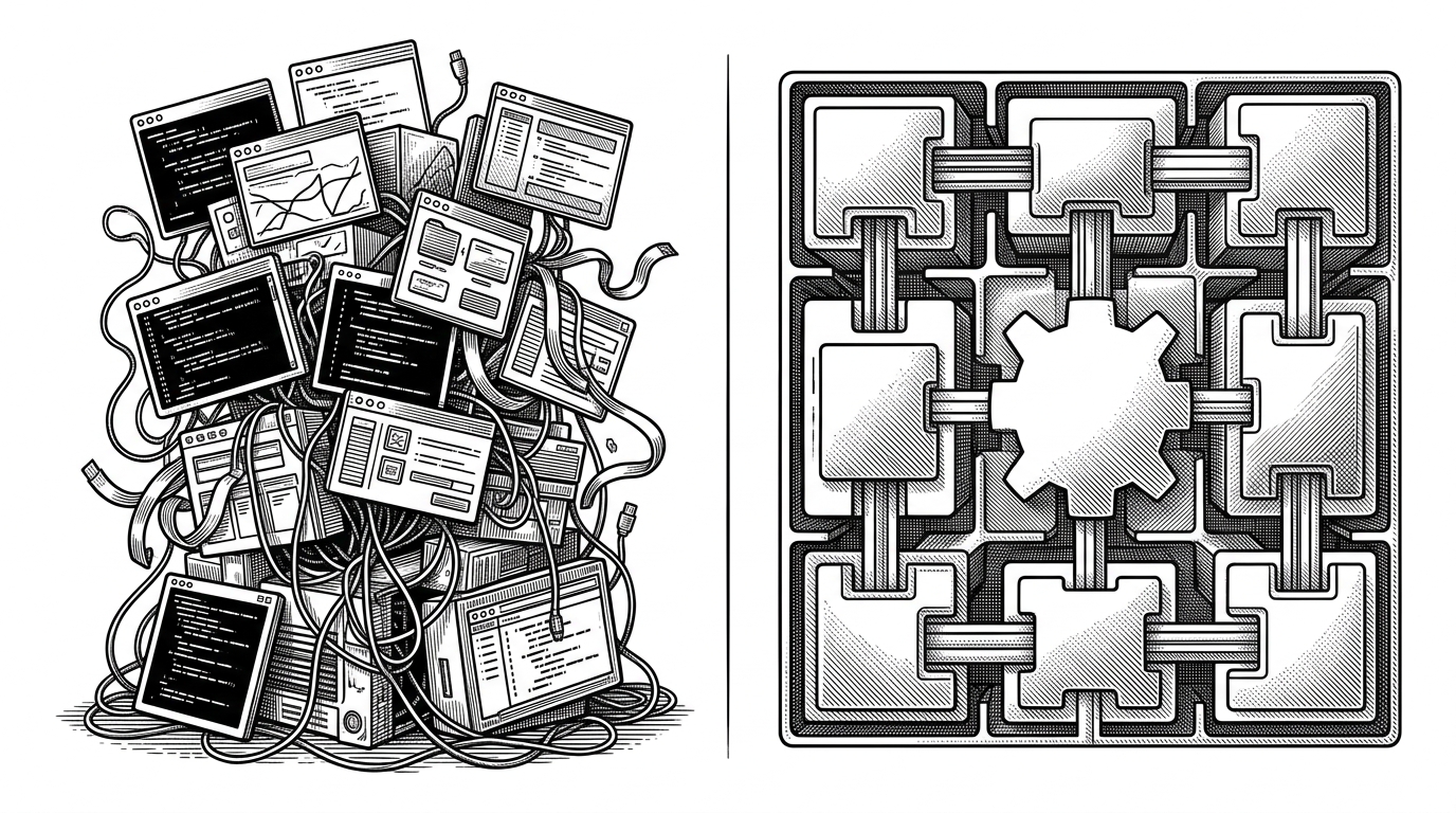 A split editorial scene contrasts a tangled generic UI stack on the left with a clean host-aware component system on the right. The image explains the article's comparison point: broad libraries give freedom, but this repo is built for a narrower environment where the host and the widget need to agree on behavior.