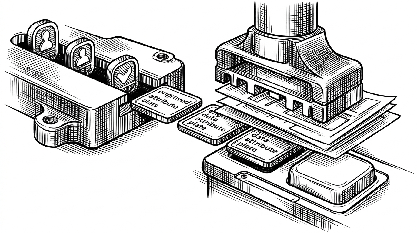 A close editorial scene shows small props-like tokens passing through a mechanical press and emerging as engraved attribute plates that feed into a button shell. The image explains how component props become data attributes and then become CSS behavior, which keeps logic declarative and styling predictable.