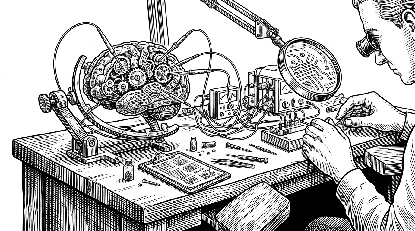 A wide editorial illustration of a watchmaker's bench where a mechanical brain is opened and probed like a machine under test. It explains the article's thesis that the repo treats sparse inference as a system you can inspect and intervene on.