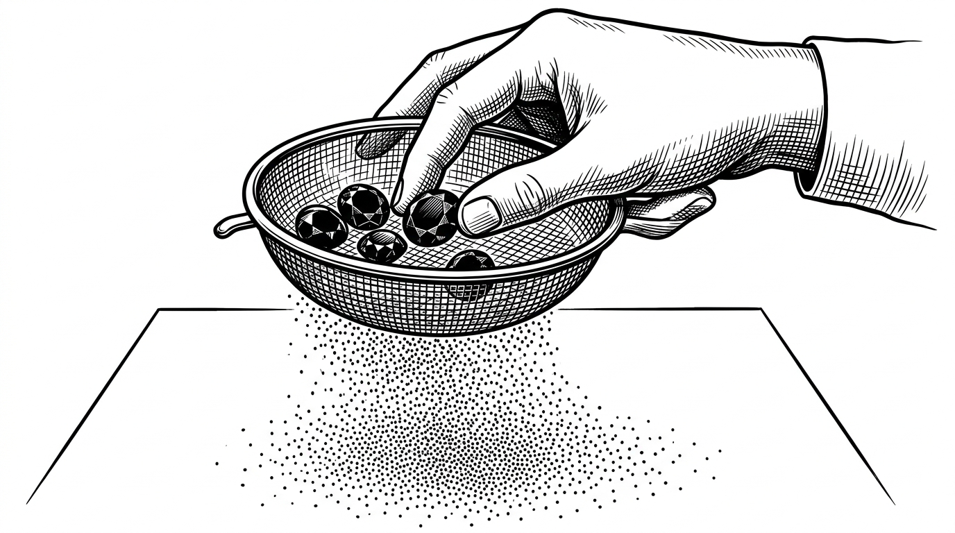 A close-up of a sieve holding only a few black stones while most of the material falls away below. It maps Top-K pruning to the idea of keeping only the strongest weights and discarding the rest.