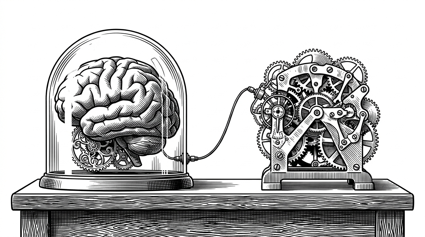 Two vintage clockwork brains on a desk, one smooth glass and one brutalist brass, connected by a single telegraph wire. This represents the adversarial connection between Claude Code and OpenAI Codex.
