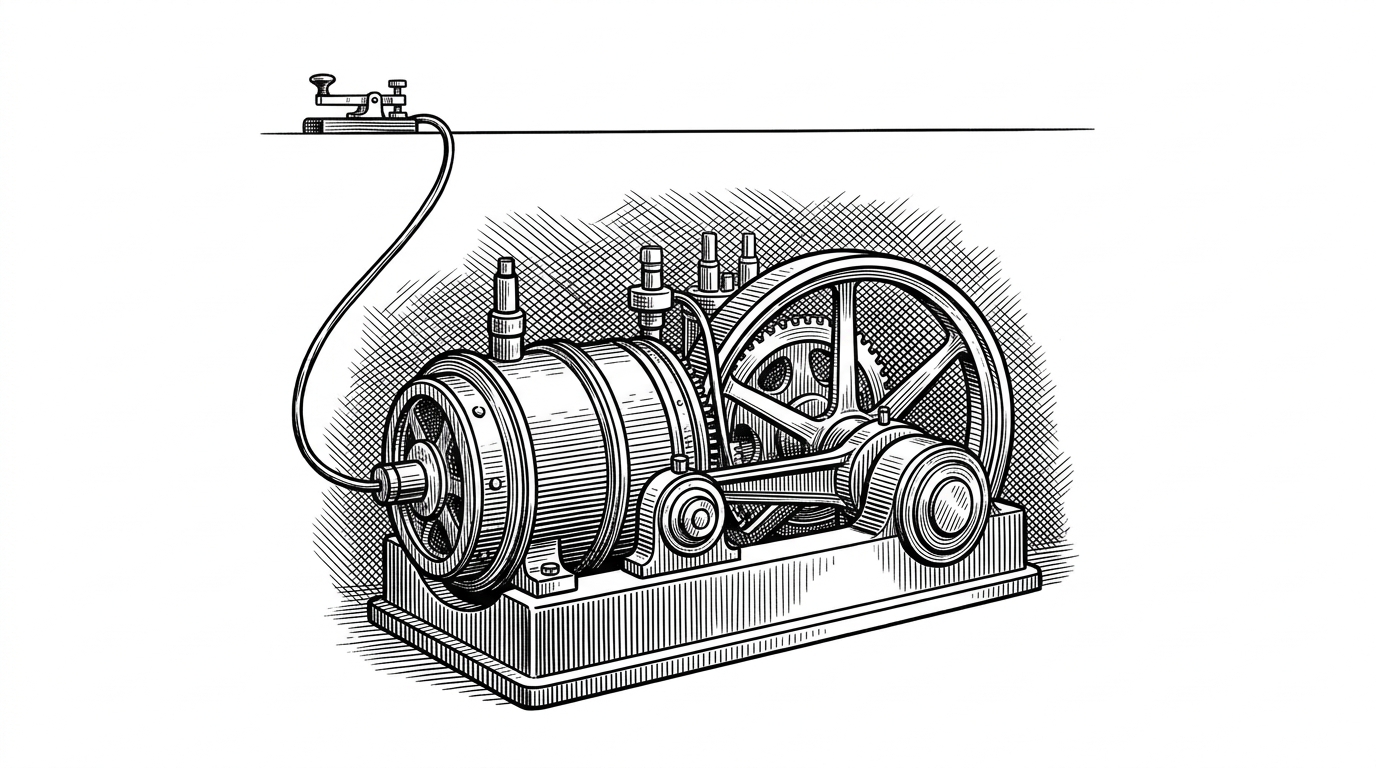 A massive industrial clockwork engine buried underground connects via a single thick cable to a tiny telegraph key on the surface. This illustrates Codex's architecture: a complex Rust server hidden behind a simple terminal interface.