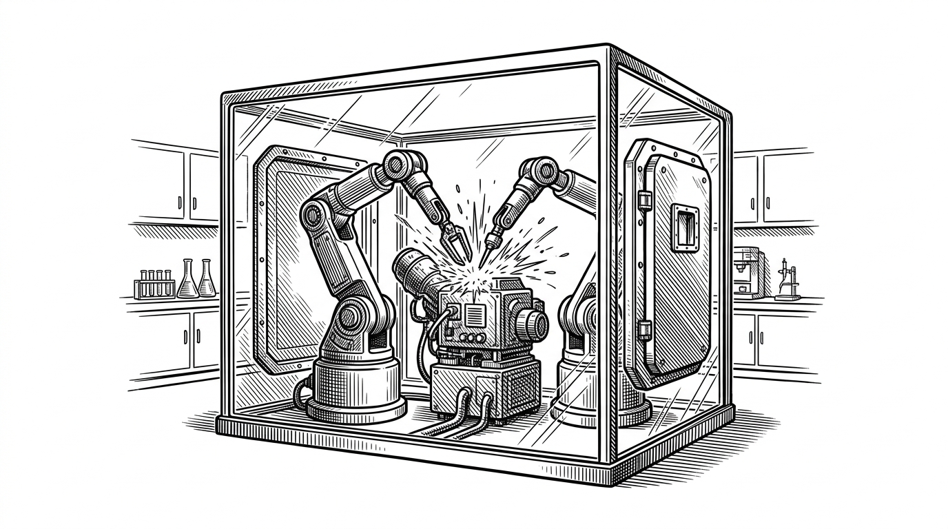 A robotic mechanical arm works on a volatile, sparking piece of machinery inside a thick, transparent isolation box with heavy blast doors. The pristine laboratory around it remains untouched, illustrating Codex's execution sandboxing.