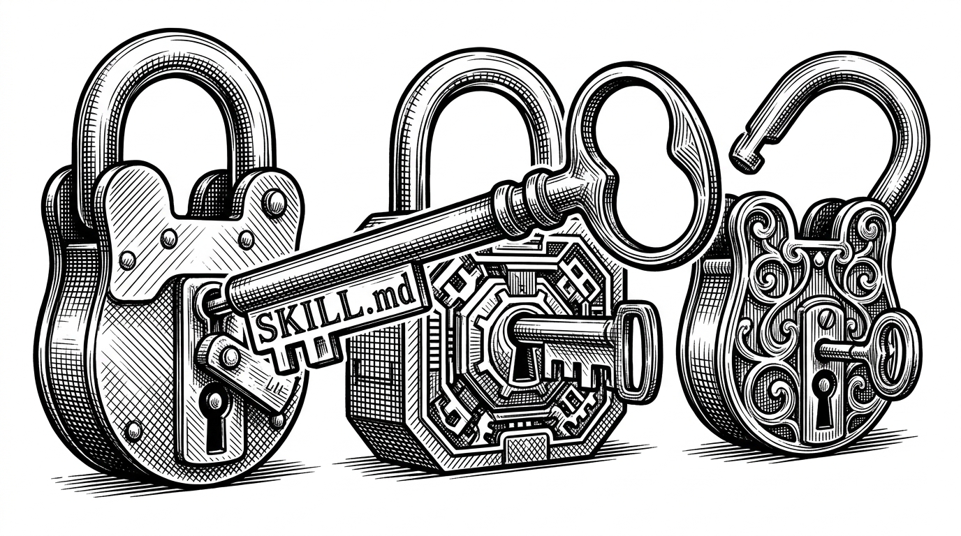 A meticulously engraved skeleton key labeled 'SKILL.md' simultaneously unlocks three completely different, highly detailed mechanical padlocks. This represents the cross-platform nature of the Agent Skills standard.