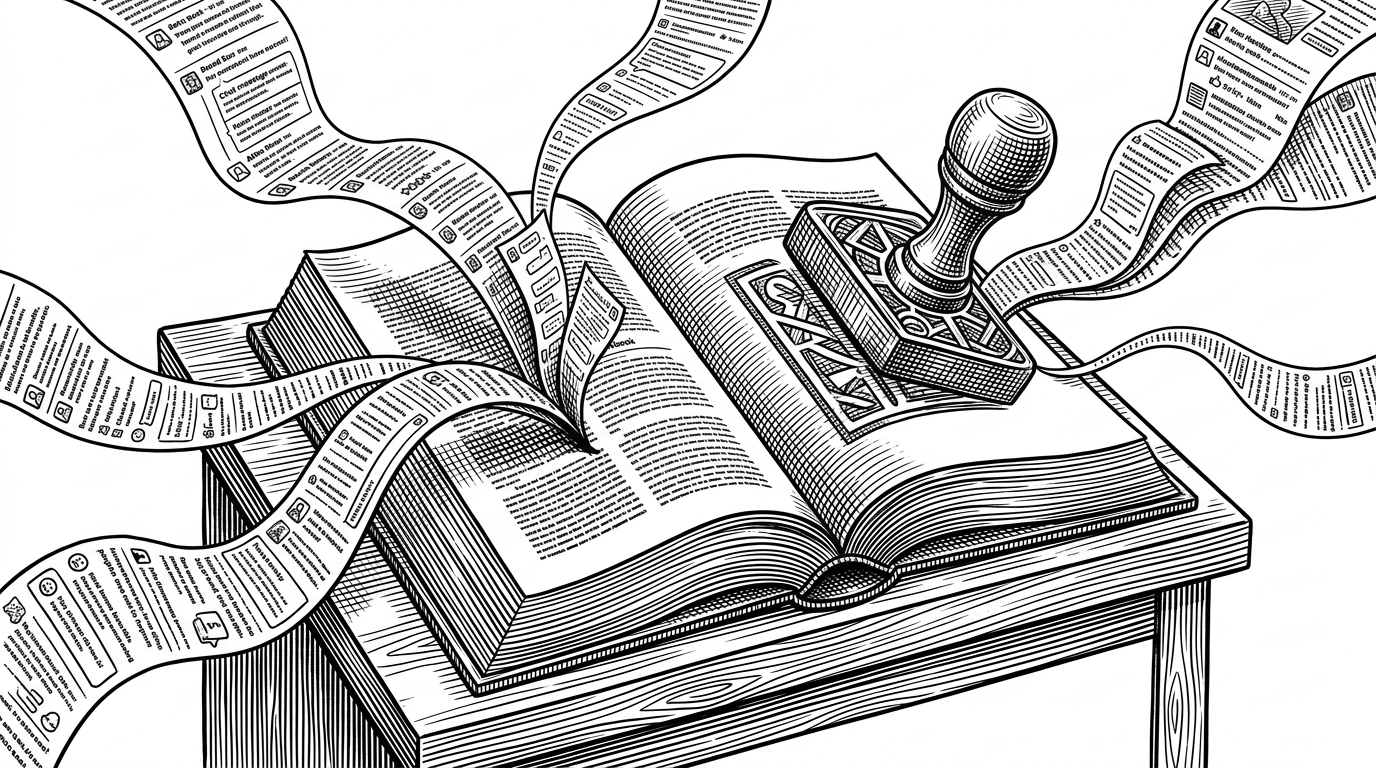 A giant open rulebook sits on a clean desk while several streams of posts and messages flow toward it like paper ribbons. A verdict stamp appears only after the pages have been read, which explains the article's central idea that policy is a first-class input.