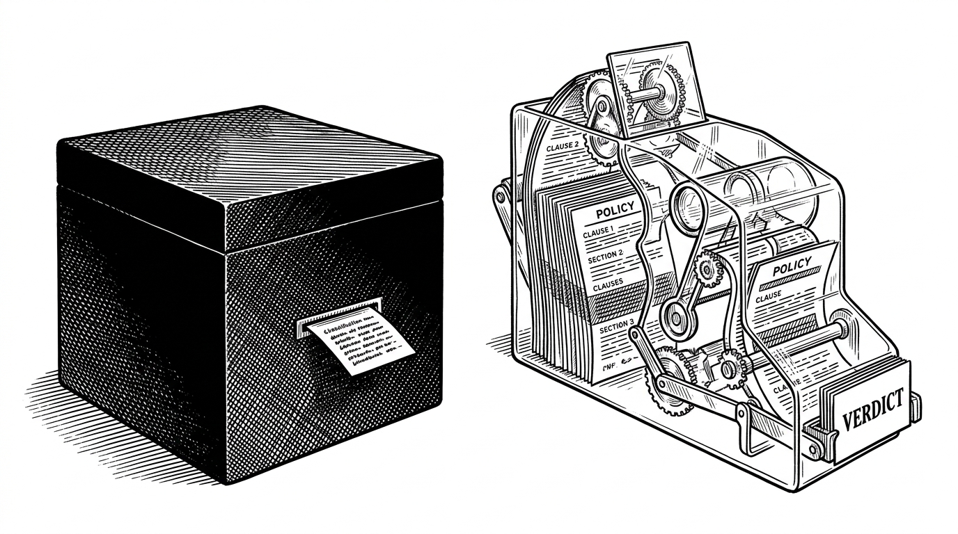 A split illustration shows a sealed black box on the left that emits a single label, while a transparent machine on the right exposes policy pages, highlighted clauses, and a visible decision trail. The contrast explains why this model is about inspectable moderation rather than opaque classification.