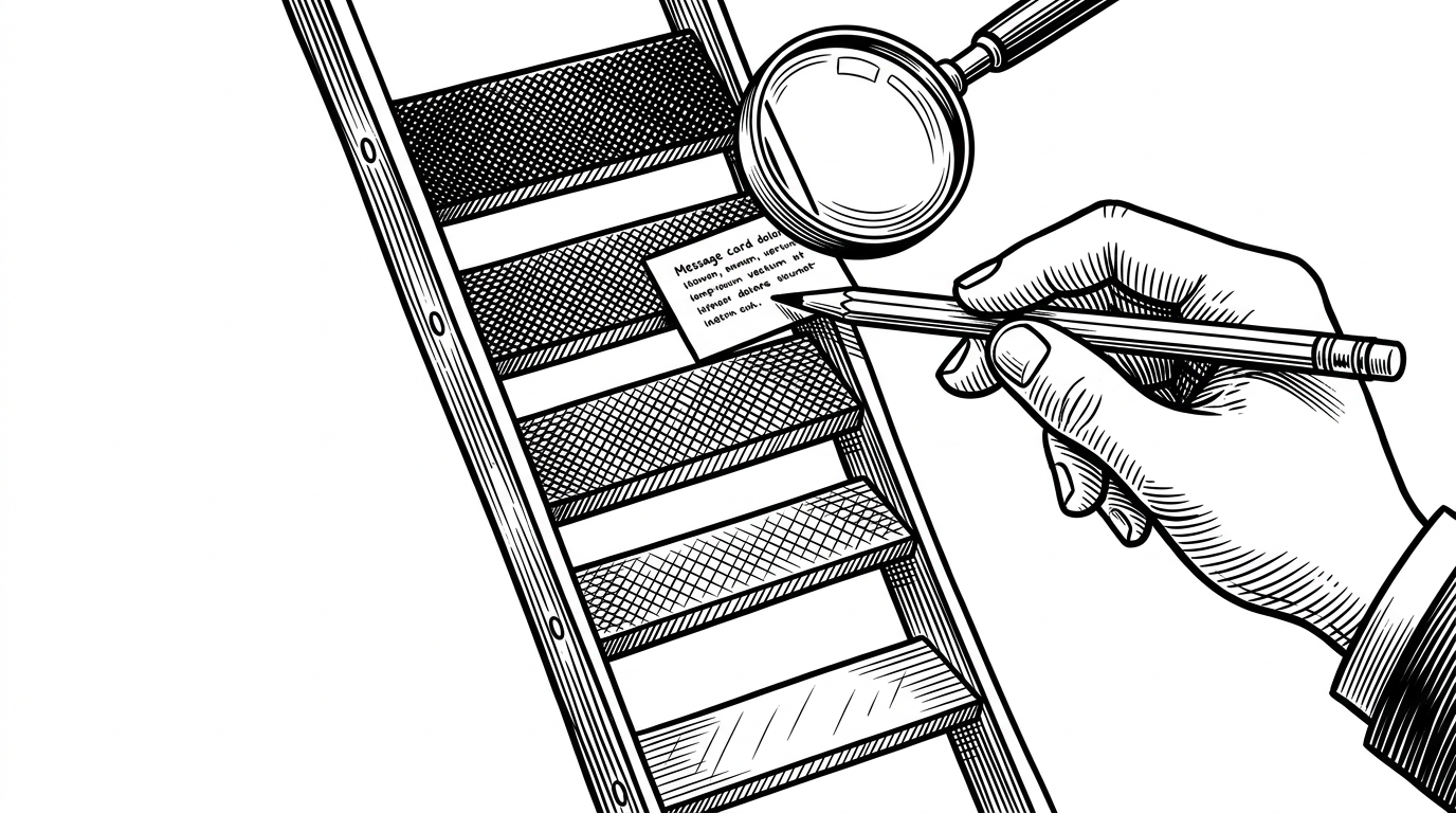 A close-up shows a five-rung engraved ladder with increasingly dense hatch marks, while a small message card is nudged one rung lower by a careful hand. The image explains the model's severity ladder and the conservative downgrade rule for unclear cases.