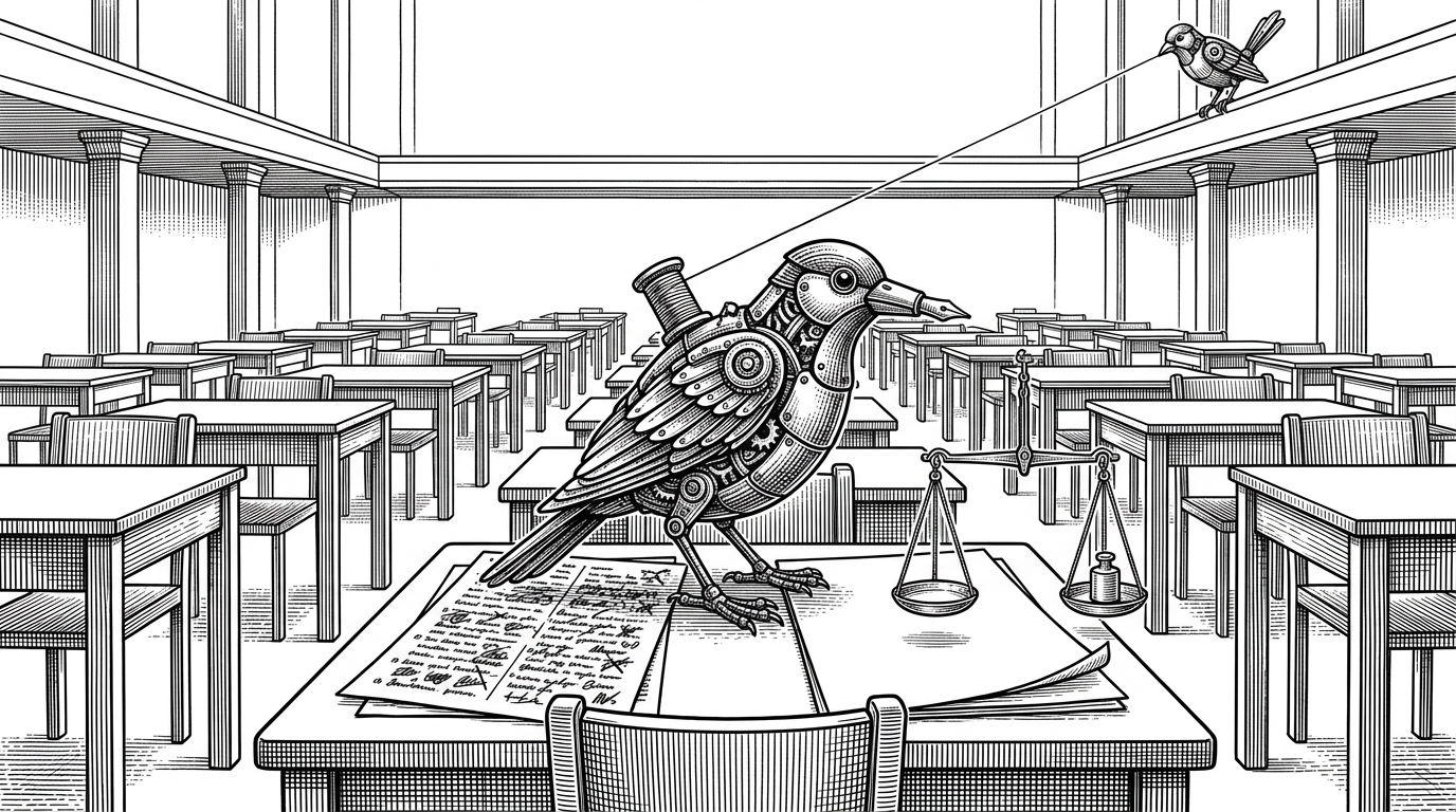 A mechanical bird sits in an exam hall between two answer sheets, one filled with confident wrong answers and one left blank. The scene explains the article's core idea: evaluation pressure can reward guessing, while abstention can be the safer choice.