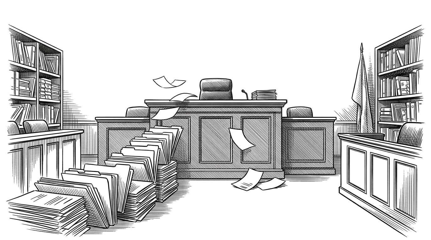 A wide courtroom scene fused with a records room. Stacks of paper, file folders, and prompt cards converge on a judge's bench, showing that the dataset grades behavior with rules instead of fixed answers. The image explains why the repo is closer to a constitution than a conventional benchmark.