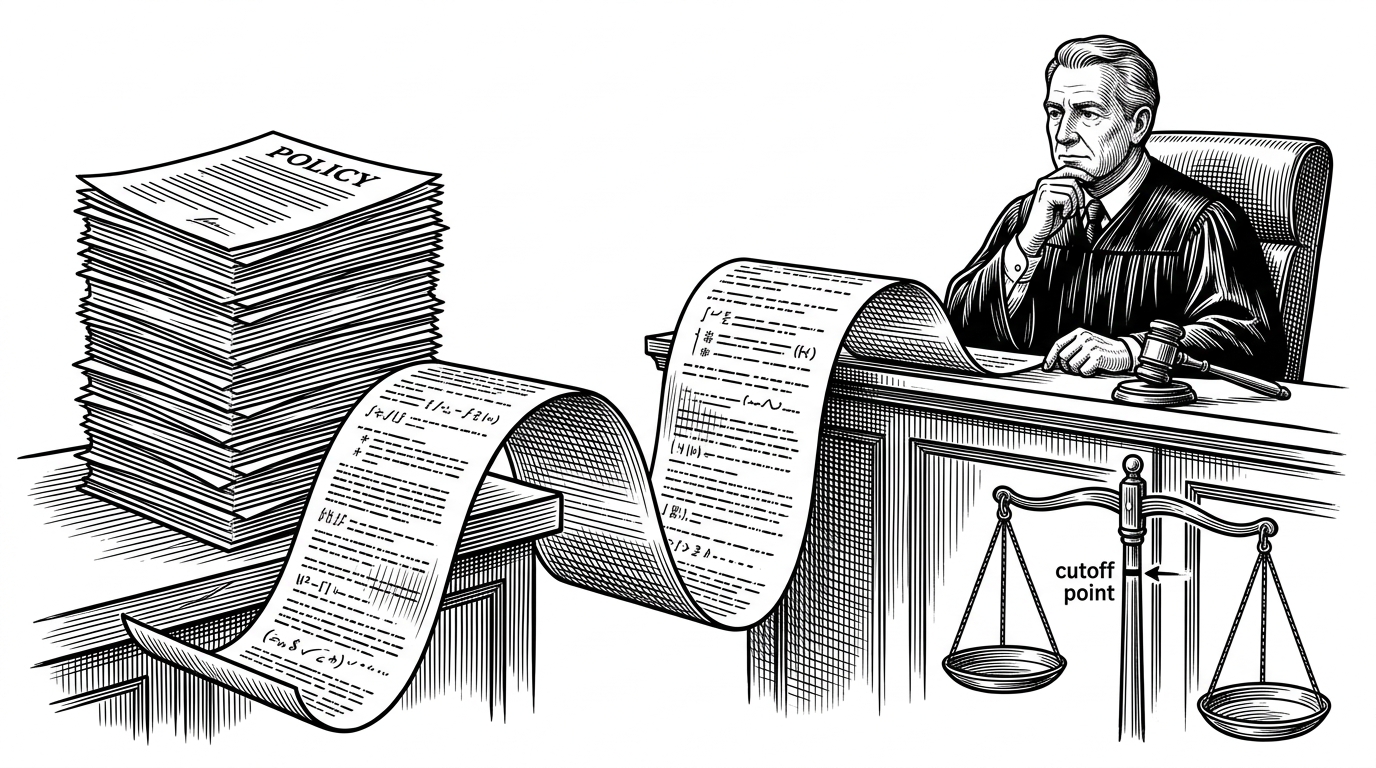 A courtroom-like scene drawn in black ink on white. A stack of Model Spec pages sits on one side, a model output scroll sits in the middle, and a judge figure presides over a scale marked by a hard cutoff. The composition explains that this repository turns policy language into a machine-scored verdict.