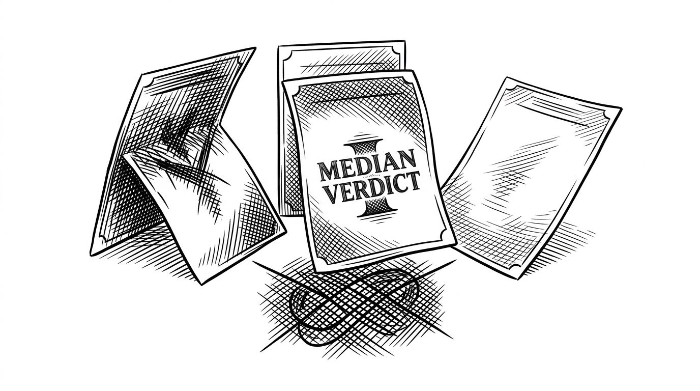 Three judge cards lean over the same answer slip. One card is severe, one is lenient, and one sits in the middle, with the center card physically pulled forward. The image shows that the final score comes from the median critique, not from a loud outlier.