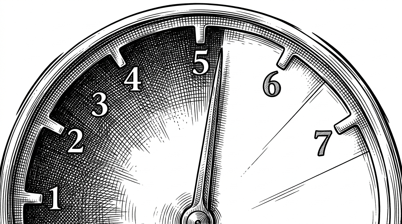 A close-up dial with seven evenly spaced notches and a needle resting just above the fifth notch. The visual emphasis lands on the boundary between the fifth and sixth positions, showing how a single step changes the verdict from fail to pass.