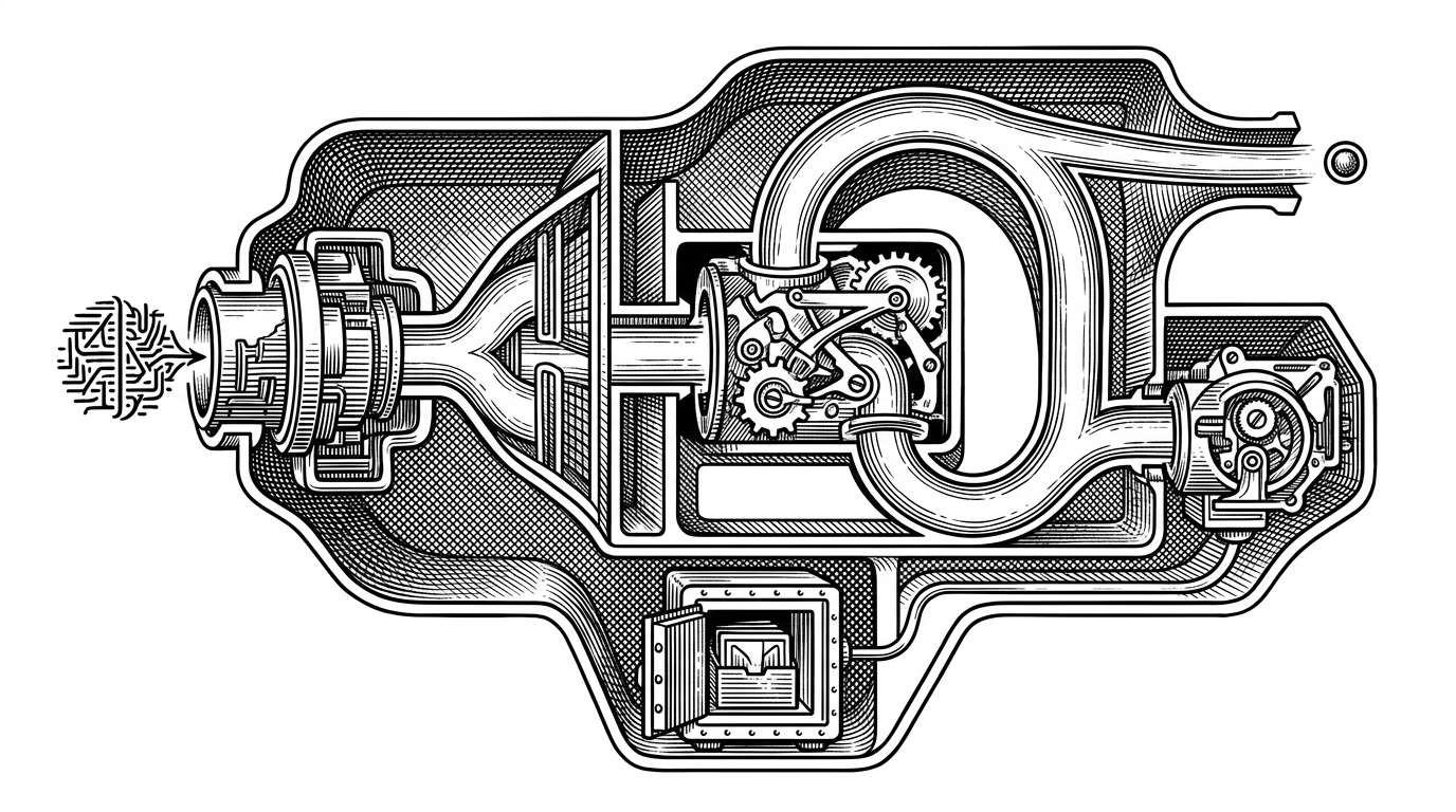 A cutaway view of a single agent run, with a message entering from the left, passing through guardrails, branching into a tool call, then returning to a loop that can either answer or hand off. A memory vault sits beneath the loop to show that state persists across runs. It explains how the runtime keeps orchestration, safety, and memory in one path.