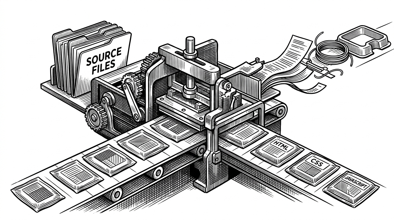 A close-up view of a workbench where a single stack of source files is stamped into many small boxed bundles. The image explains how the build system turns each widget into its own deployable artifact, so the server can hand back a concrete URL for ChatGPT to mount.