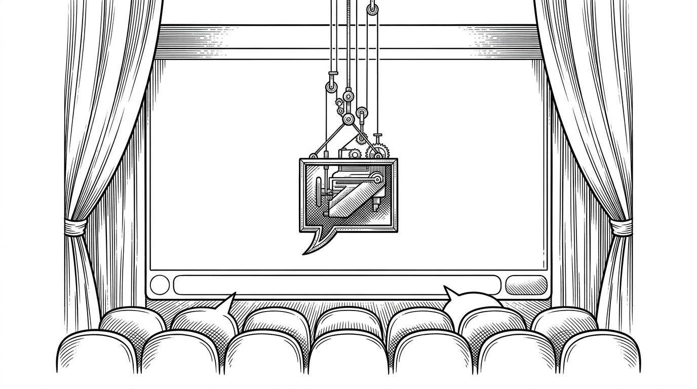A chat window is drawn as a theater stage, and a small framed widget is being lowered into the middle of the conversation on a rig. The image explains that the Apps SDK is not only returning text, it is mounting an interactive interface inside ChatGPT.
