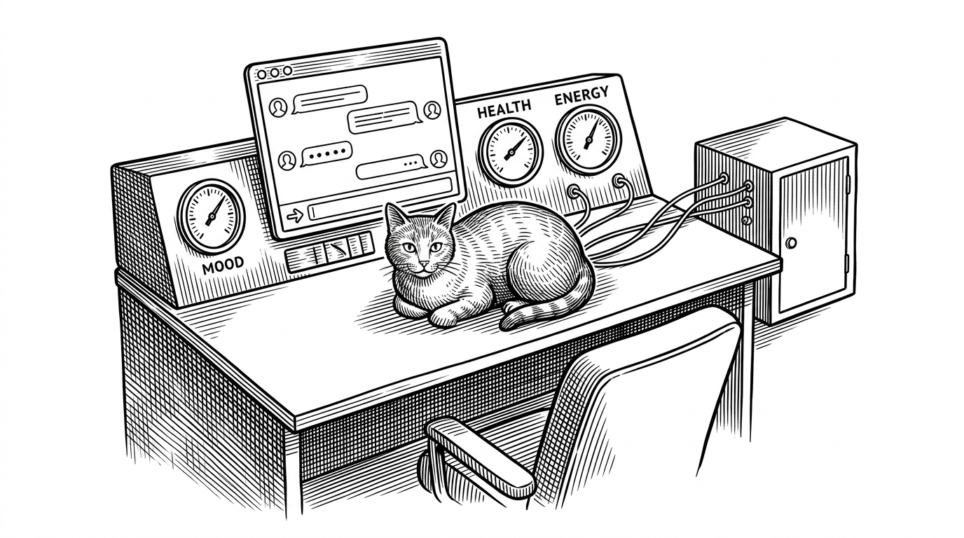 A control-room cat lounge with a chat panel sitting at the center like an instrument console. Gauges and backend cabinets surround it, showing that the system is steered by state and feedback loops rather than by freeform conversation alone. The image explains why the repo is better understood as a headless GUI pattern than as a simple chatbot demo.
