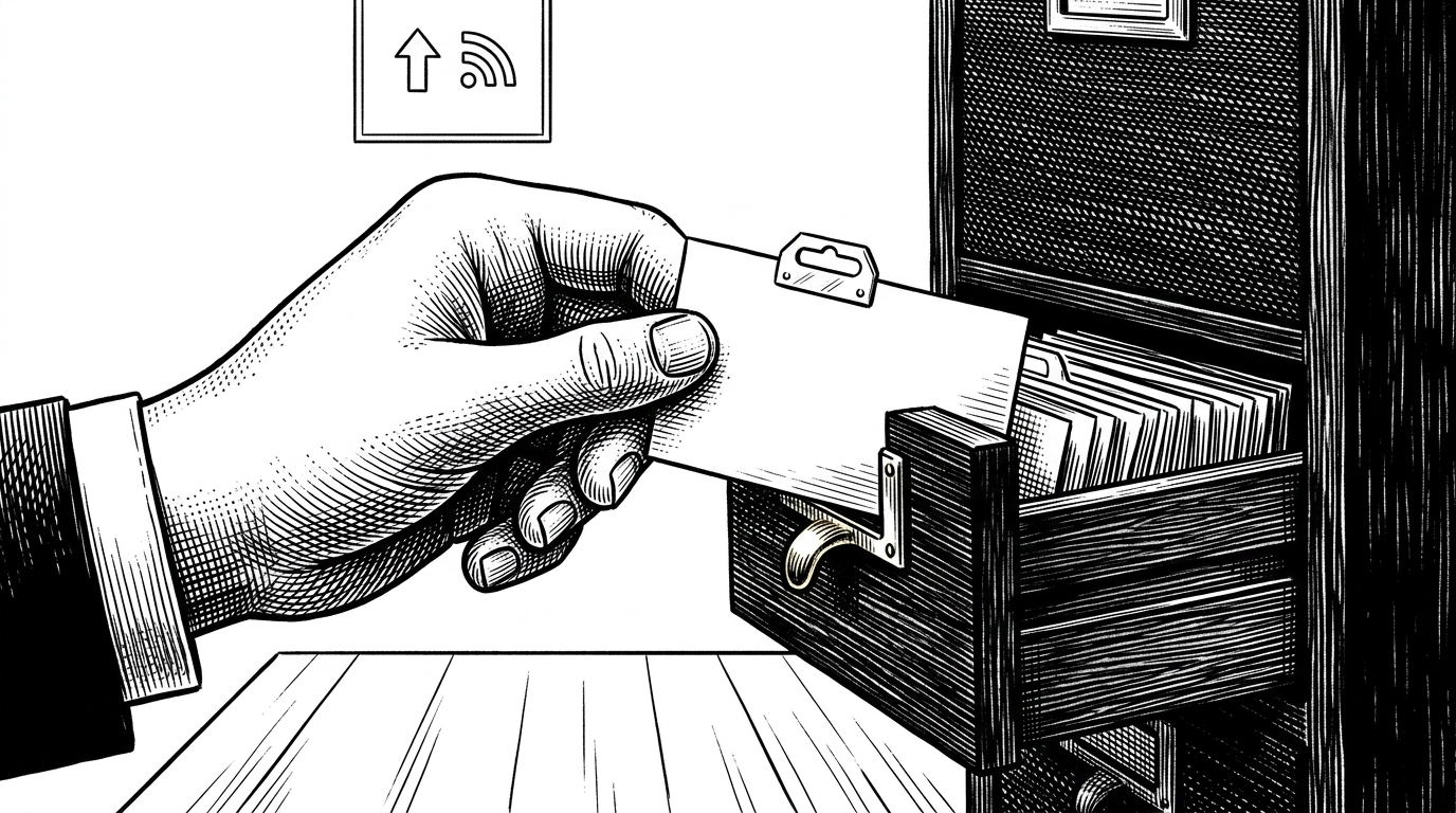 A close-up of a server hand sliding a tagged card into a thread drawer while a clean chat surface stays visible in front. In the background, a small interface panel updates from the hidden state, showing that the agent can receive structured facts without turning them into noisy conversation text. The image explains hidden context as a quiet state handoff, not a prompt trick.