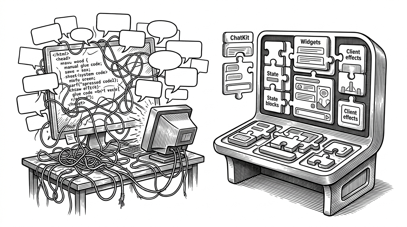 A split editorial scene compares two approaches to building an AI interface. On the left, a plain prompt-only chat loop is surrounded by manual glue code and scattered text bubbles. On the right, the same task is handled by widgets, state, and effects arranged as a tighter system. The image explains that ChatKit packages the interface layer more tightly than a generic LLM stack.