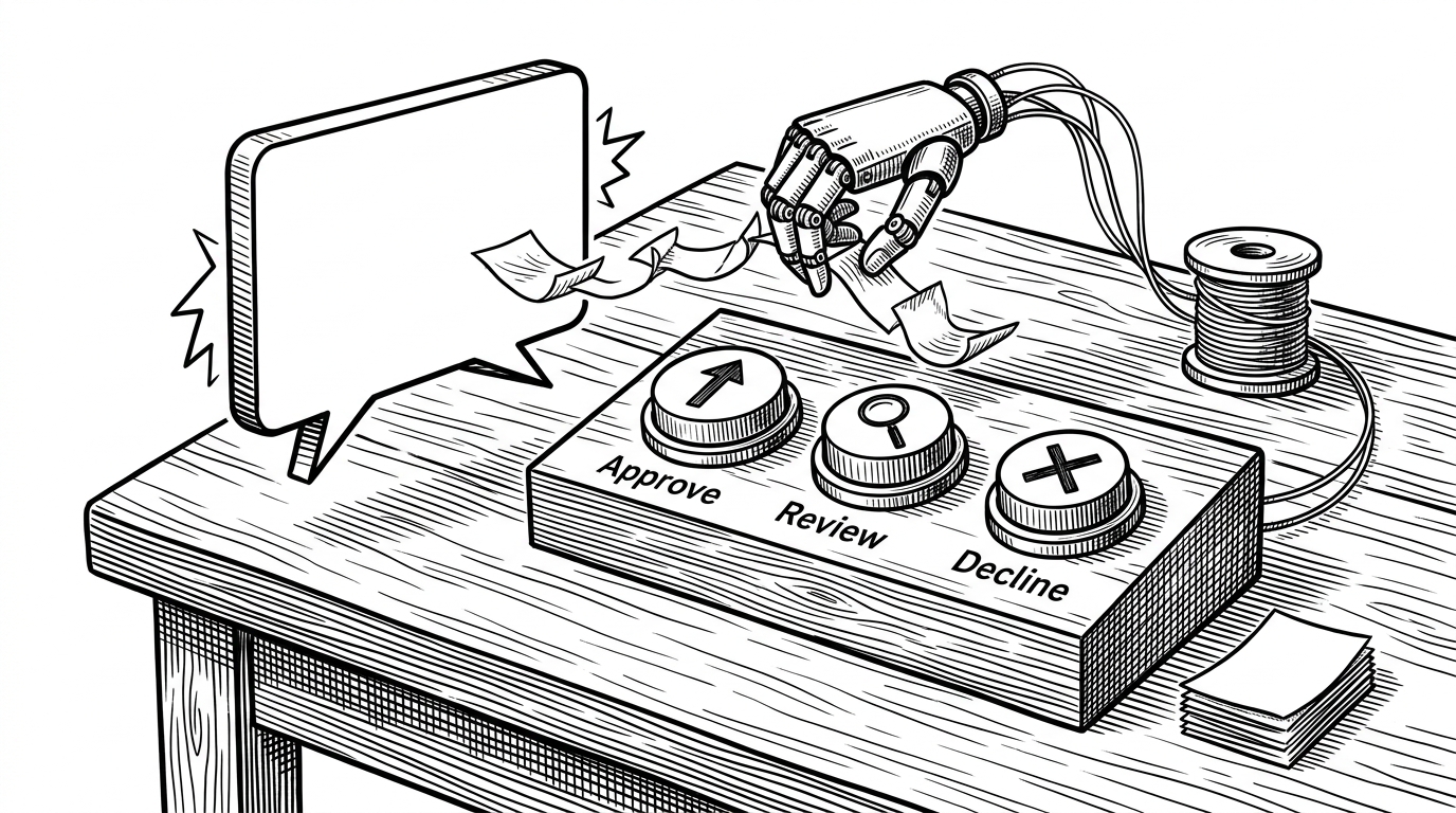 Three large physical buttons sit on a desk beside a chat prompt, each button representing a constrained action in a workflow. The chat bubble points toward the buttons, but the buttons are the real control surface, showing that structured widgets can move a task forward more reliably than free text alone. The image explains why the UI becomes part of the workflow, not just a display for the model.