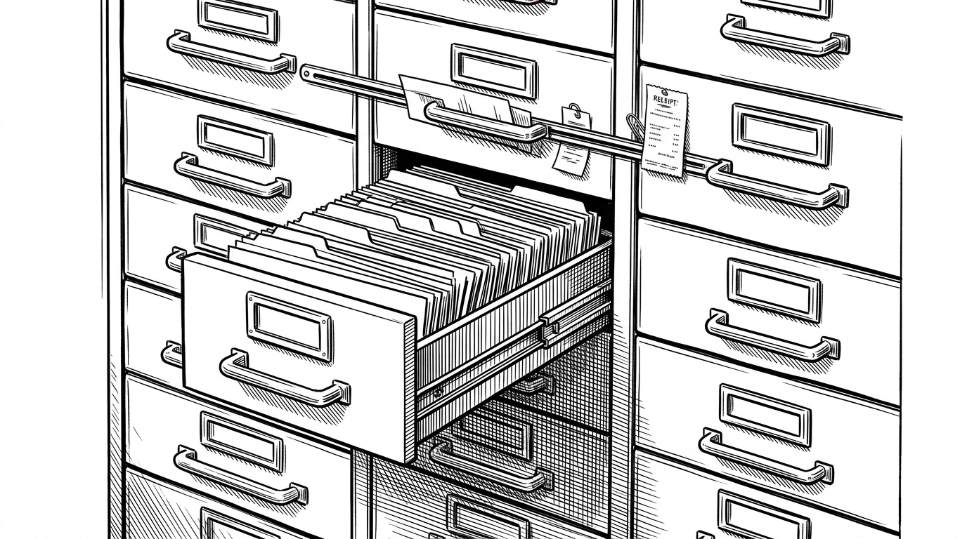 A close-up of a card catalog with narrow drawers, paper slips, and index tabs arranged like a conversation archive. The scene explains that ChatKit state is a navigable timeline of threads, items, and attachments, not one opaque message blob.