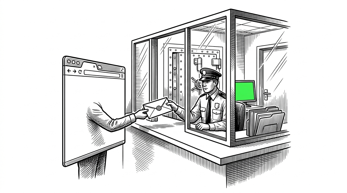 A browser window hands a sealed envelope across a security desk into a locked back office. The image shows that the frontend can start a chat session without ever holding the real OpenAI key, which is the core security idea in this starter.