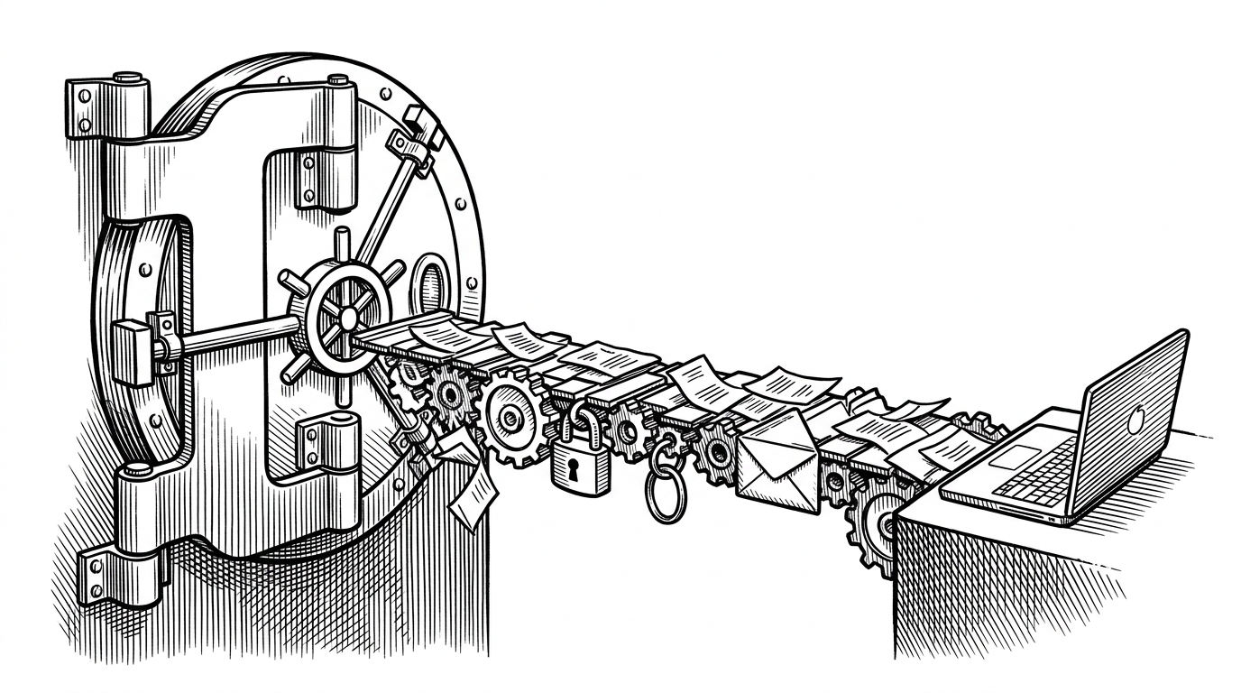 A locked vault door sits on one side of a narrow bridge that leads to a laptop terminal. The image frames access control as the core design problem, which is the point of this repository: private data should move through a checkpoint, not straight into the model.