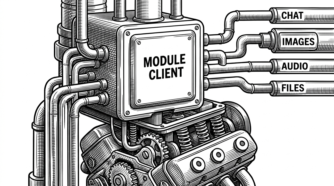 A compact relay station shows resource pipes branching from a central module client into chat, images, audio, and files, while a hidden base client engine handles retries and parsing underneath. The image explains how the SDK stays readable on the outside while doing heavy lifting below the surface.