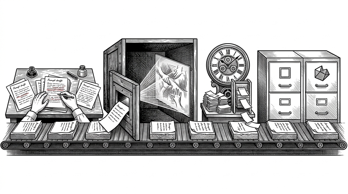 A single prompt moves through a sequence of workshop stations on a white field. One station expands the text, another stamps in a starter image, another watches a clock, and a final cabinet splits the result into original and remix paths. It explains that the app is really a control loop for slow video generation.